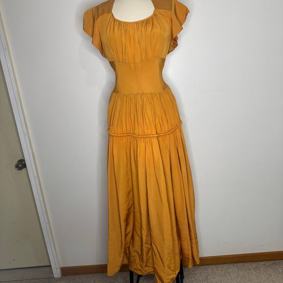 VINTAGE | 1930s 1940s Mustard Cold Rayon Ball Ruched Gown - Picture 1 of 11